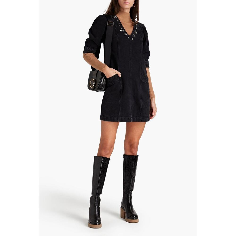 claudie pierlot Size‎ S Denim Black Lace Up Mini Dress Short Sleeve Party